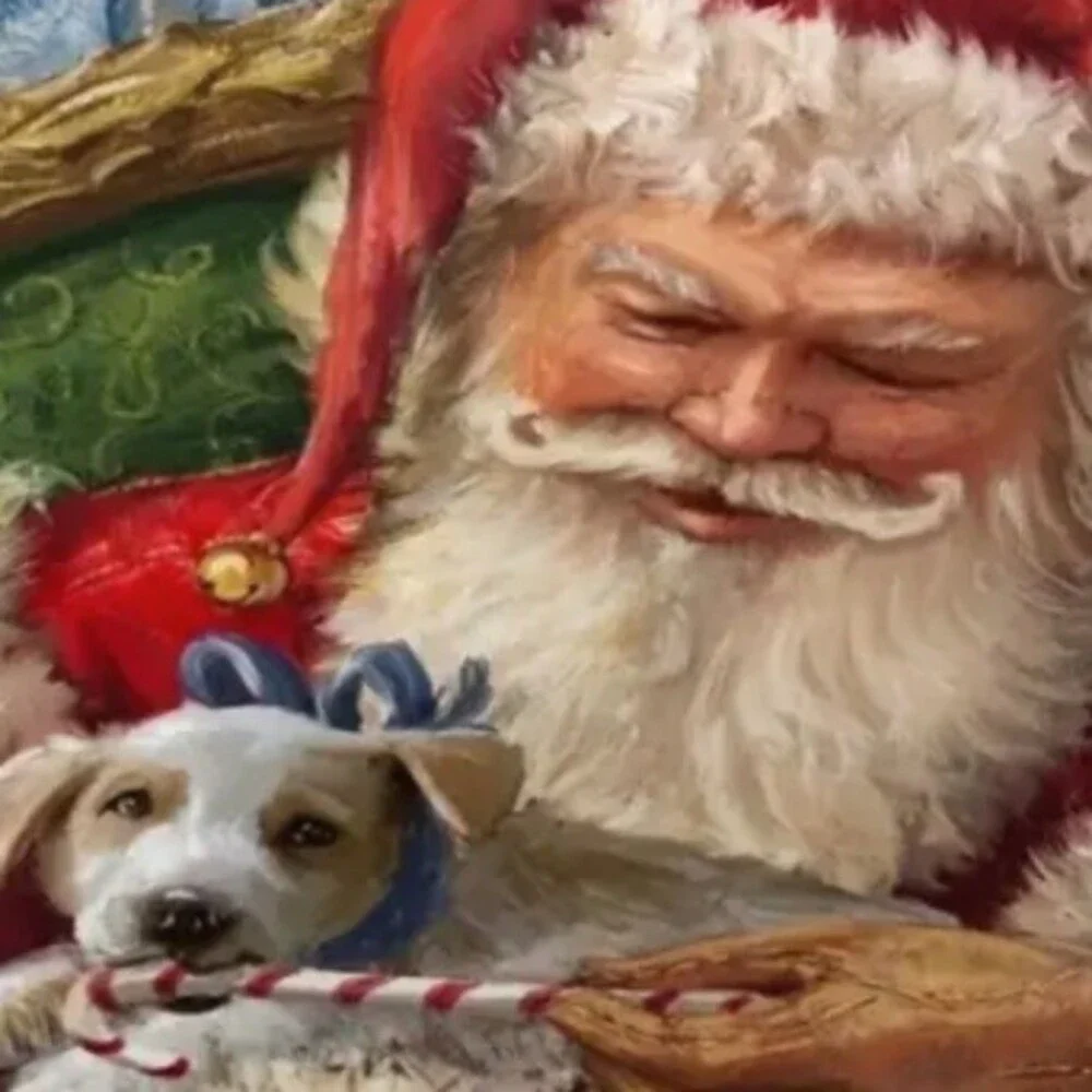 NEW SANTA CLAUS CHRISTMAS PUPPY DOG RETRO LOOK POLYESTER PILLOW COVER 18
